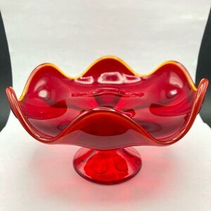 Vintage Viking Glass Red Amberina 6 Petal Console Pedestal Swung Candy Dish